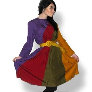 *Vintage 80s / 90s 100% Silk Purple & Gold Colorblock Dress* (fits any size) 🥰